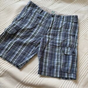 Tommy Bahama Blue and White Cargo Shorts with Plaid Design